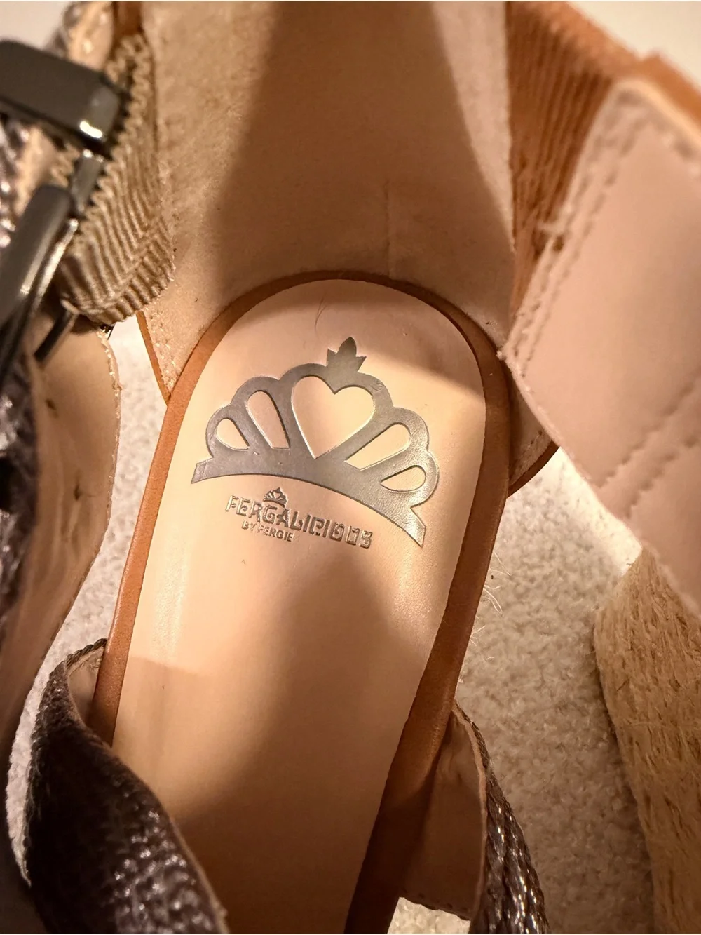 Fergalicious Wedge Espadrille Sandals with Metallic Gray Straps